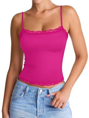 Women's Sexy Square Neck Lace Cami Tank Tops Fitted Double Lined Sleeveless - XS